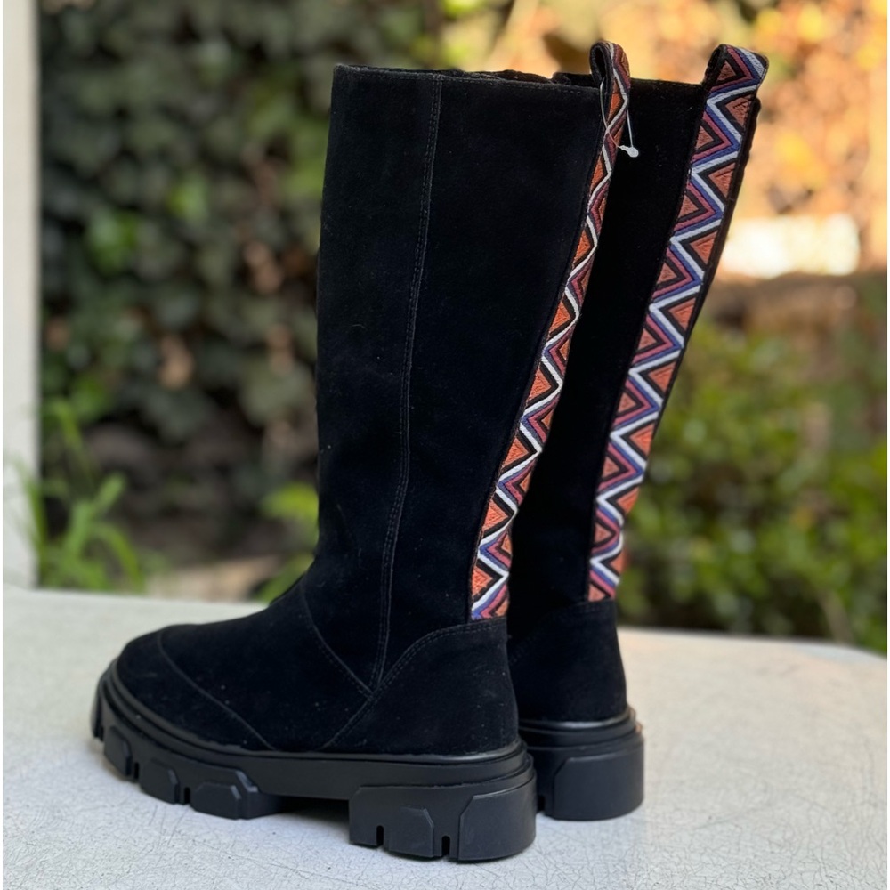 FARM Rio Black Suede Over-the-Knee Boots with Geometric Trim
